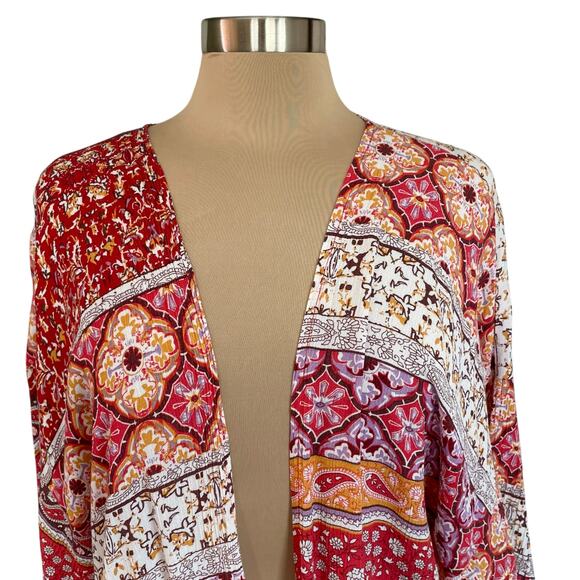 Rikka Orange Red Paisley & Morocan Print Long Line Kimono Cover One Size Gauzy - Picture 4 of 7